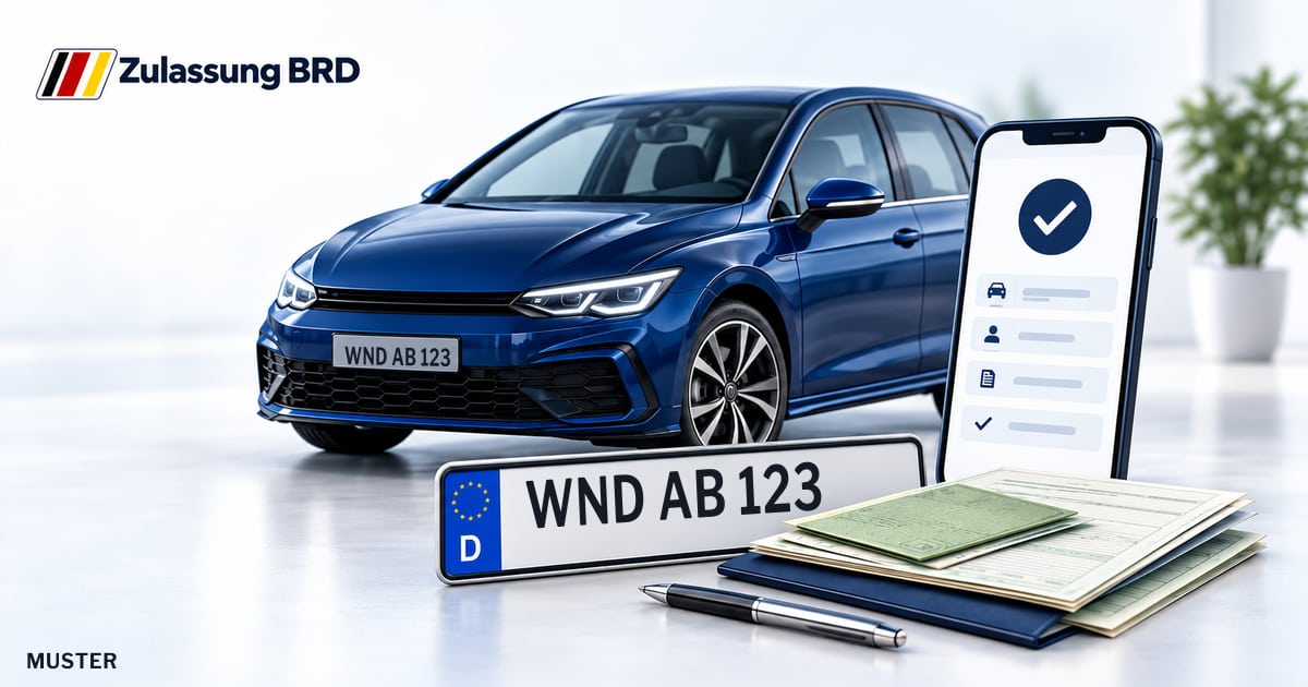 Online Fahrzeugzulassung in Tholey: Musterkennzeichen WND AB 123, Auto und Fahrzeugpapiere und Smartphone. Illustration mit Logo von Zulassung BRD.